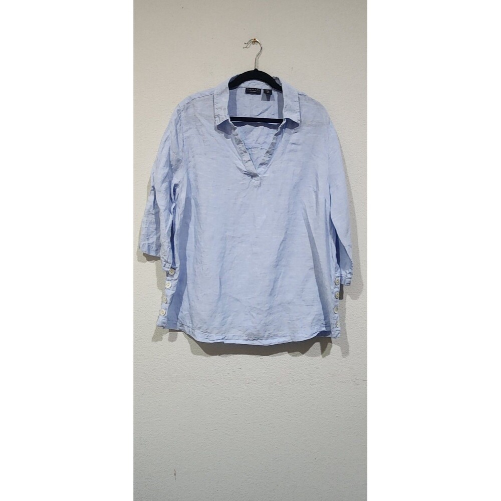 Tahari Blue Linen Buttoned Split Hem Pullover Relaxed 3/4 Sleeve Tunic Top 1X